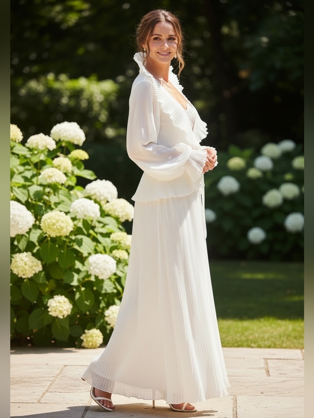 60s 2PC MAXI ETHEREAL WHITE DRESS W LACE BODICE MICRO PLEAT SKIRT & JACKET - Picture 3 of 17